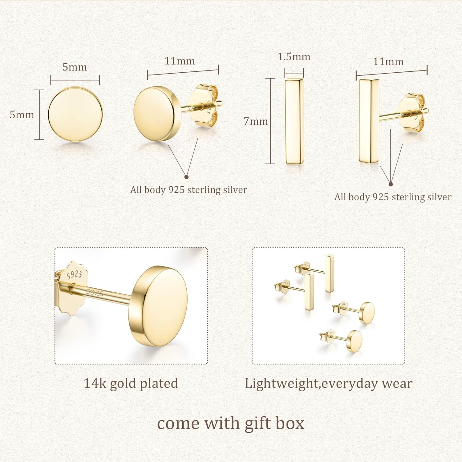 JIAYIQI Minimalist 925 Sterling Silver Stud Earrings Set, 14K Gold Plated Hypoallergenic Tiny Bar Dot Heart Star Studs for Women & Men