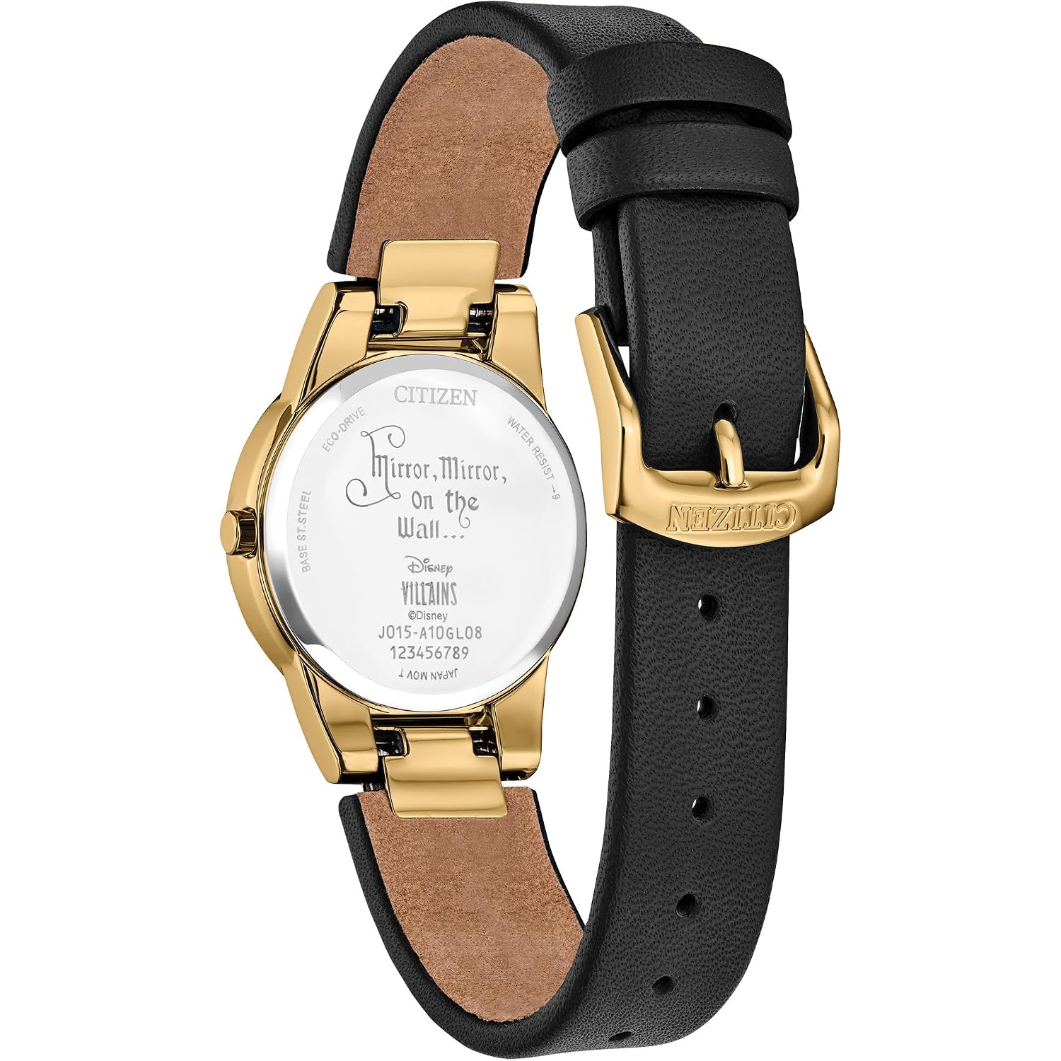 Citizen Ladies' Eco-Drive Disney Villians Evil Queen Gold Stainless Steel Case And Black Leather Strap Watch And Pin Gift Set, Black Dial,Crystal Accent,Date (Model: Ga1082-46W)