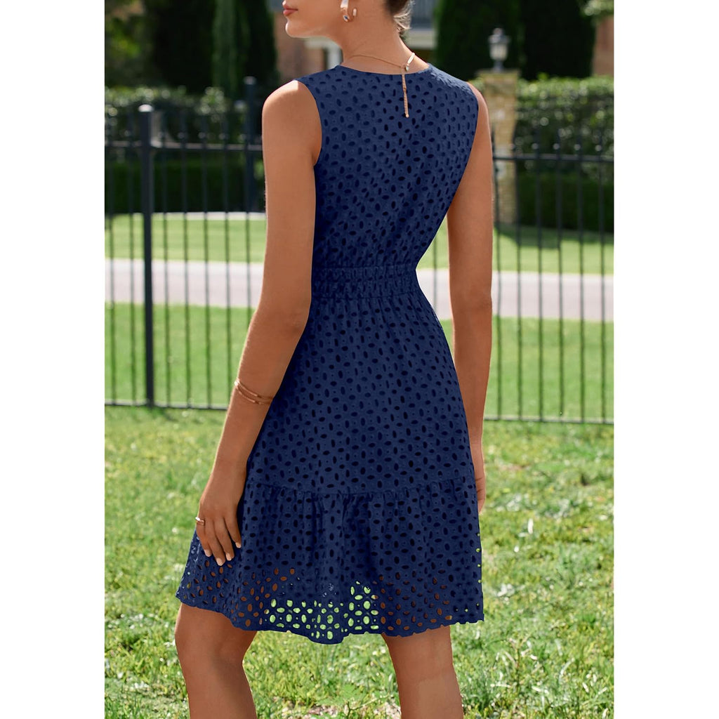 Prettygarden Women'S Summer Dresses 2026 Sleeveless V Neck Eyelet Hollow Out Swing A Line Beach Vacation Sun Dress