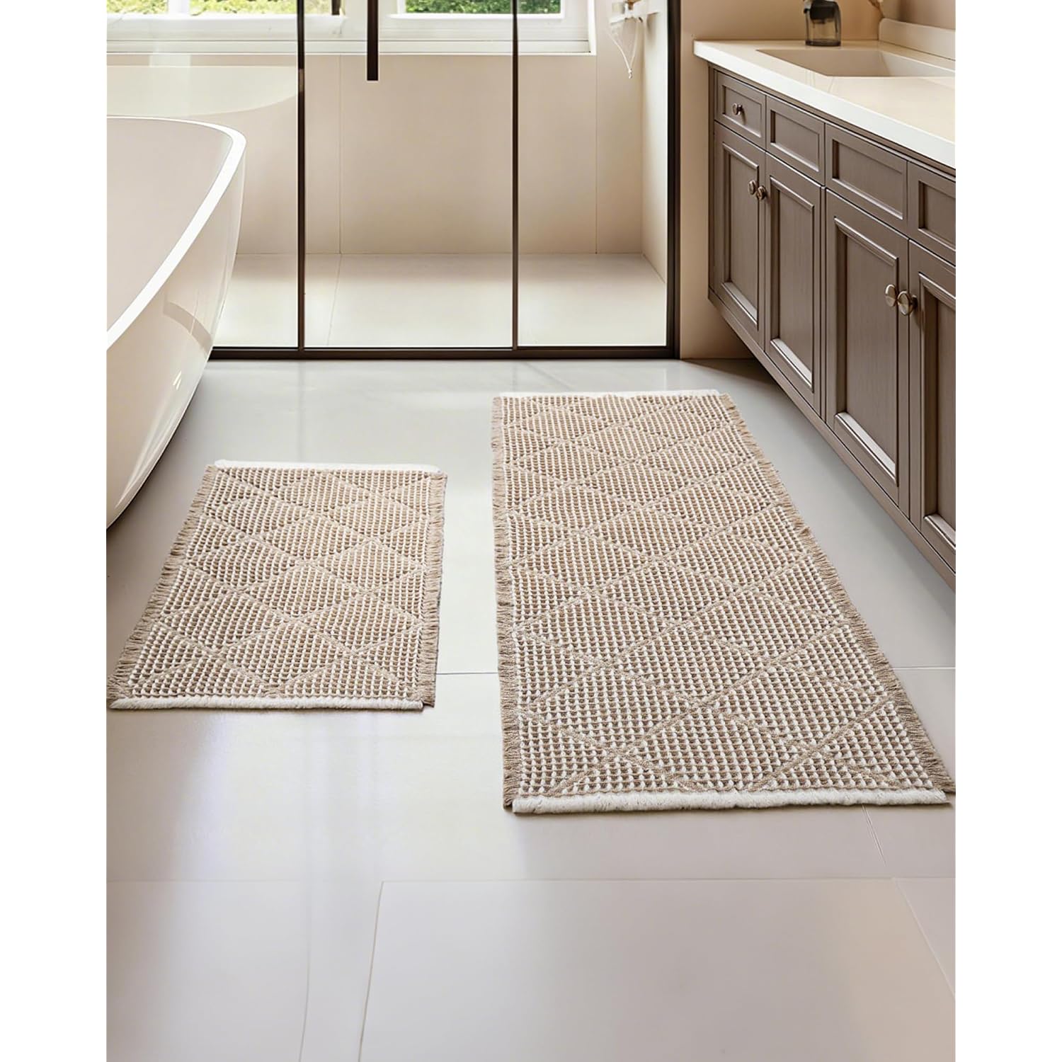 Waffle Bath Mat Set, Non Slip Bathroom Rugs Sets 2 Piece, Ultra Absorbent Long Bath Rug Runner For Bathroom Boho Chic Decor, Machine Washable Floor Mats, Brown & White, 20"×47" Plus 18"×30"