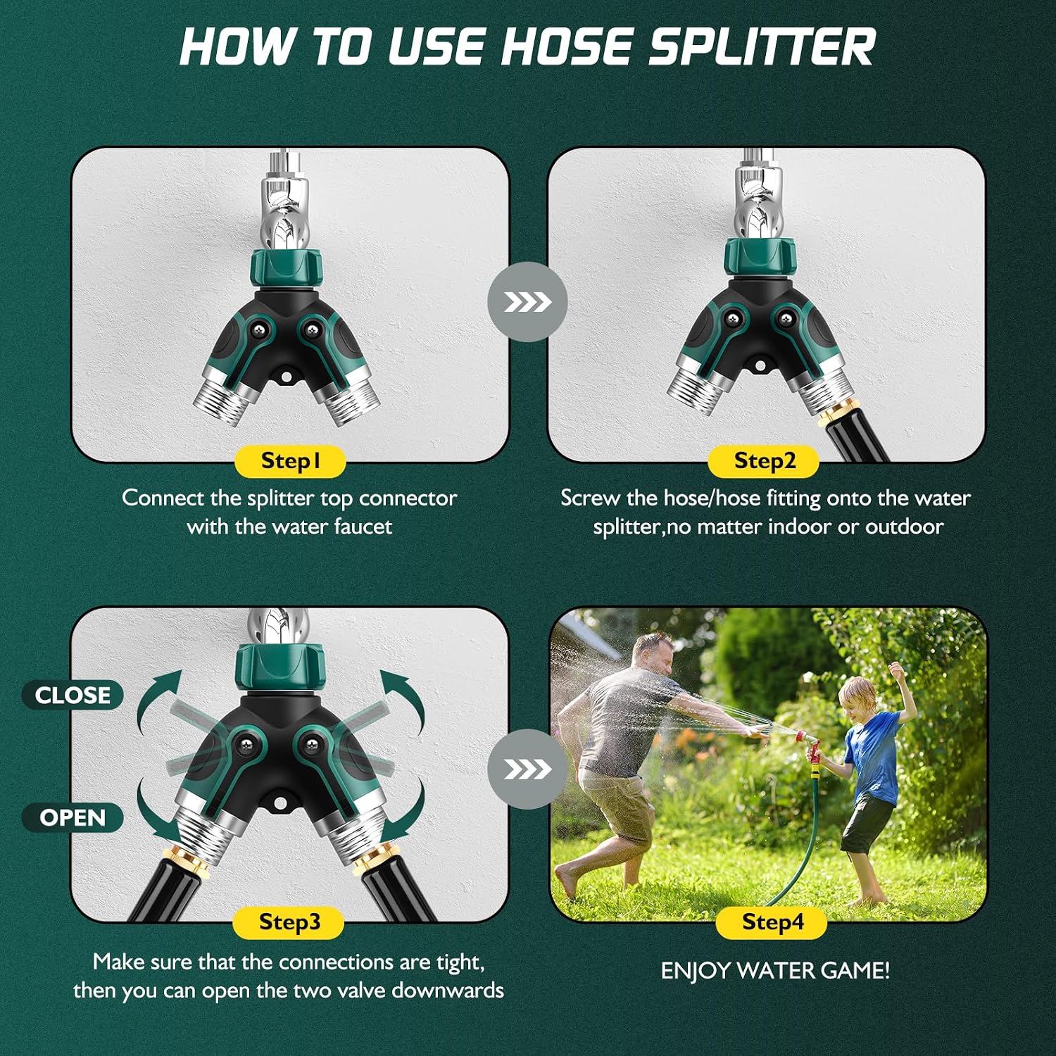 2 Way Garden Hose Splitter With Shut Off Valve,Water Spigot Splitter For 3/4" Hose Connector,Heavy Duty Metal Outdoor Faucet Splitter Y Connector For Garden Hose,With 3 Leakproof Washers & 1 Tape