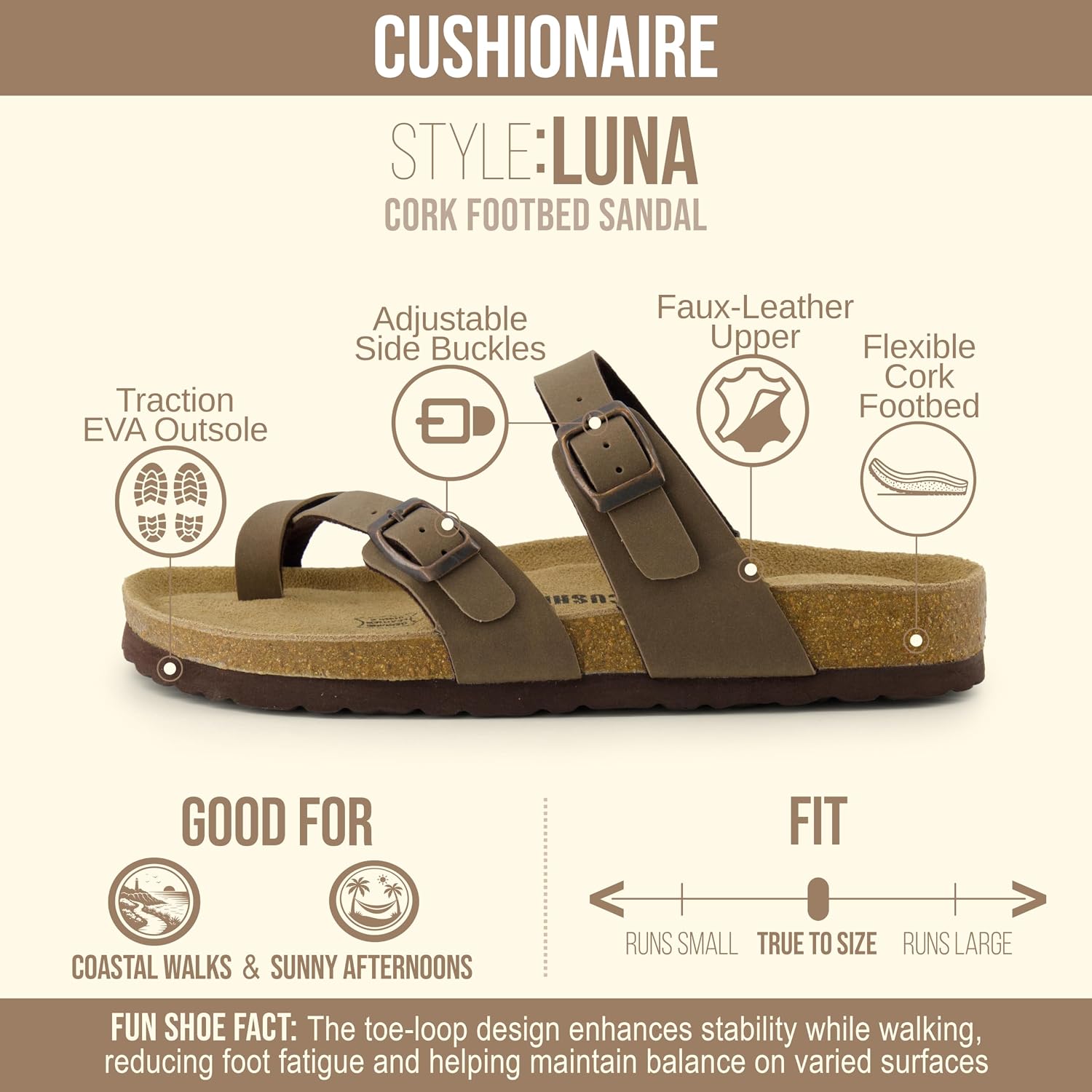 Cushionaire Luna Sandals For Women, Cork Footbed Womens Sandals For Summer Comfort With Adjustable Straps, Wide Width Available