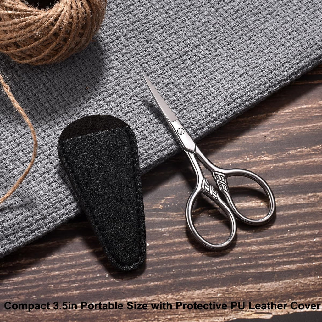Small Precision Scissors, 3.5Inch Stainless Steel Multi-Purpose Vintage Beauty Grooming Kit For Facial Hair, Eyebrow, Eyelash, Beard, Moustache With Pu Sheath