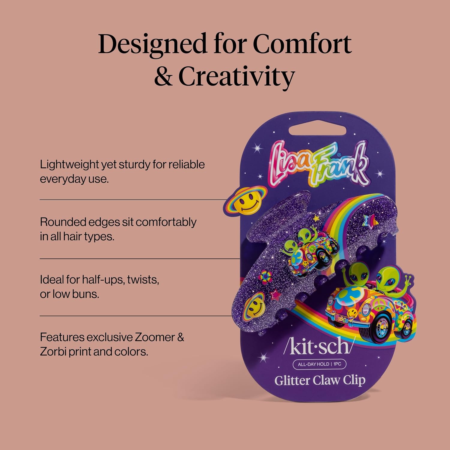 Lisa Frank X Kitsch Purple Glitter Hair Clip For Women – Secure Hold Claw Clip | Sparkly Hair Accessories With Strong Grip | Teens - Zoomer And Zorbit