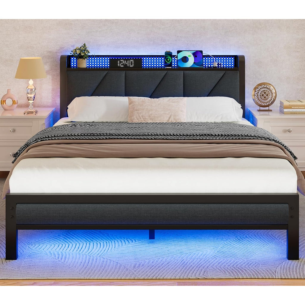 Queen Bed Frame With Headboard And Storage Shelf, Led Light And Charging Station, Metal Platform Bed With Heavy Duty Slats, No Box Spring Needed, Noise Free & Easy Assembly
