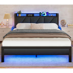 Queen Bed Frame With Headboard And Storage Shelf, Led Light And Charging Station, Metal Platform Bed With Heavy Duty Slats, No Box Spring Needed, Noise Free & Easy Assembly