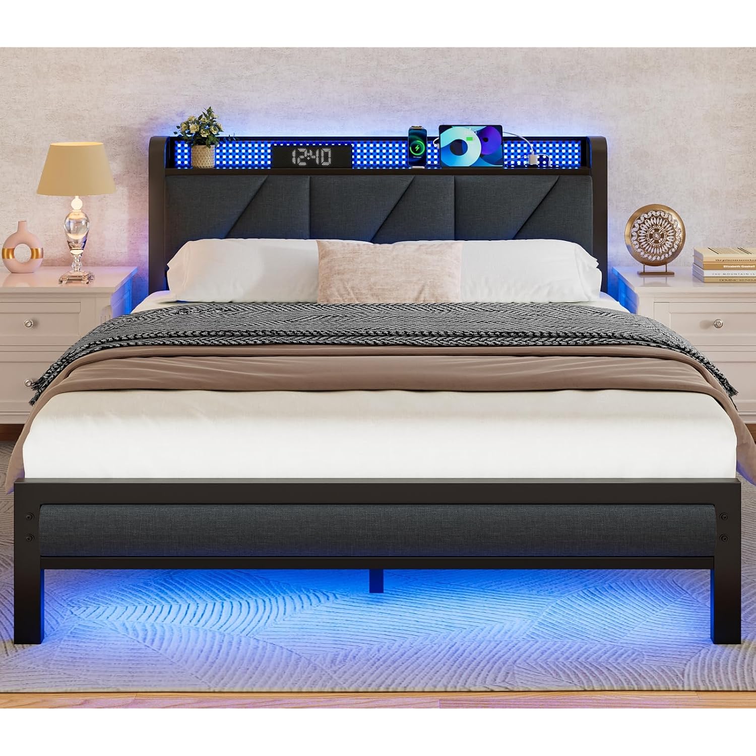 Queen Bed Frame With Headboard And Storage Shelf, Led Light And Charging Station, Metal Platform Bed With Heavy Duty Slats, No Box Spring Needed, Noise Free & Easy Assembly
