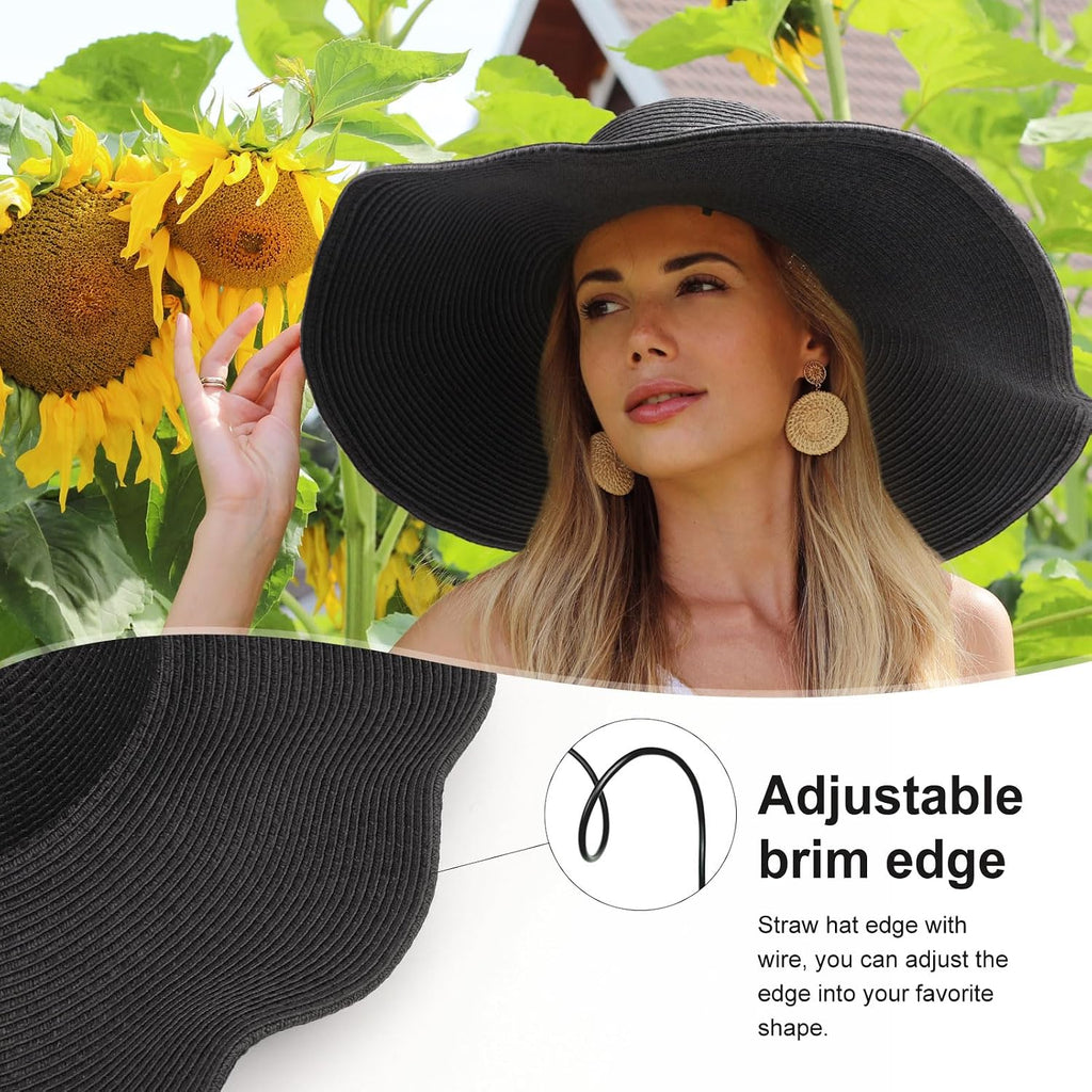 DRESHOW Big Straw Sun Hats for Women Floppy Foldable Roll up Beach Cap Sun Hat UPF 50+ Vacation Honeymoon Embroidered Hat Aca Wire: Black