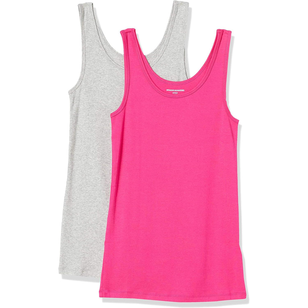 Amazon Essentials Women's Slim-Fit Scoop Neck Tank Top, Pack of 2, Bright Pink/Grey Heather, Large