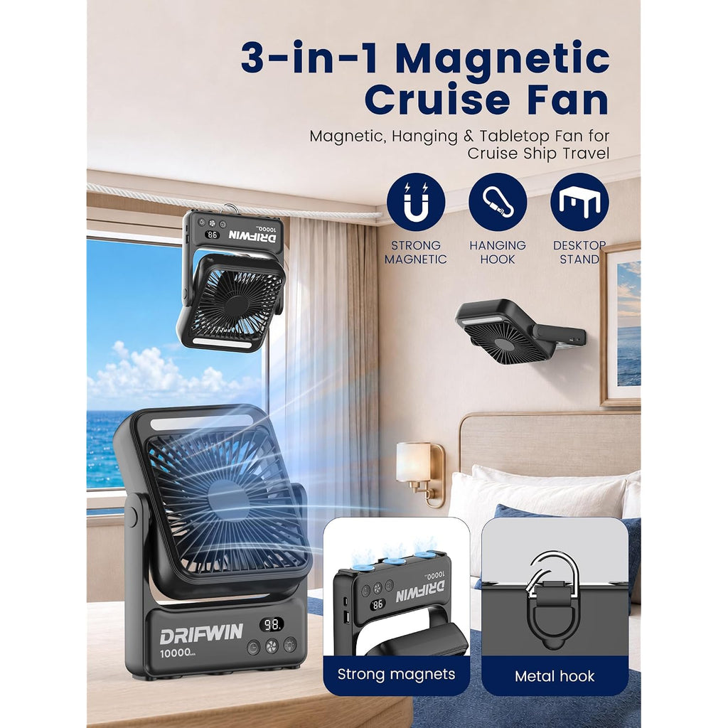 Magnetic Cruise Approved Fan With Night Light, 10000Mah Ultra-Slim Travel Fan, 4-Speed, Hook Design, Portable Fan For Cruise Ship Cabin, Bedroom Sleeping, Camping, Travel & Cruise Essentials 2026