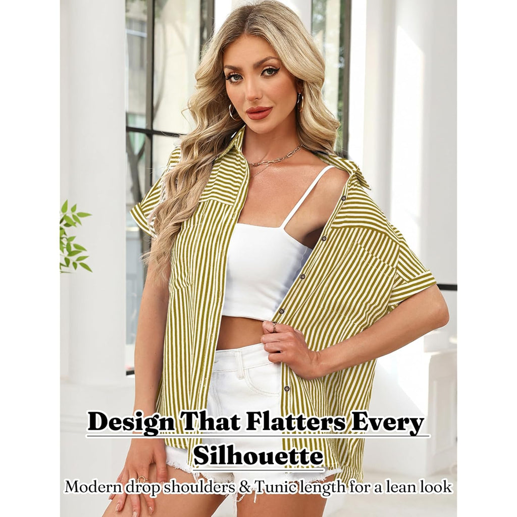Button Down Shirt for Women Short Sleeve Blouses Dressy Casual Business Work Summer Vacation Tops Hawaii Shirts with Pockets
