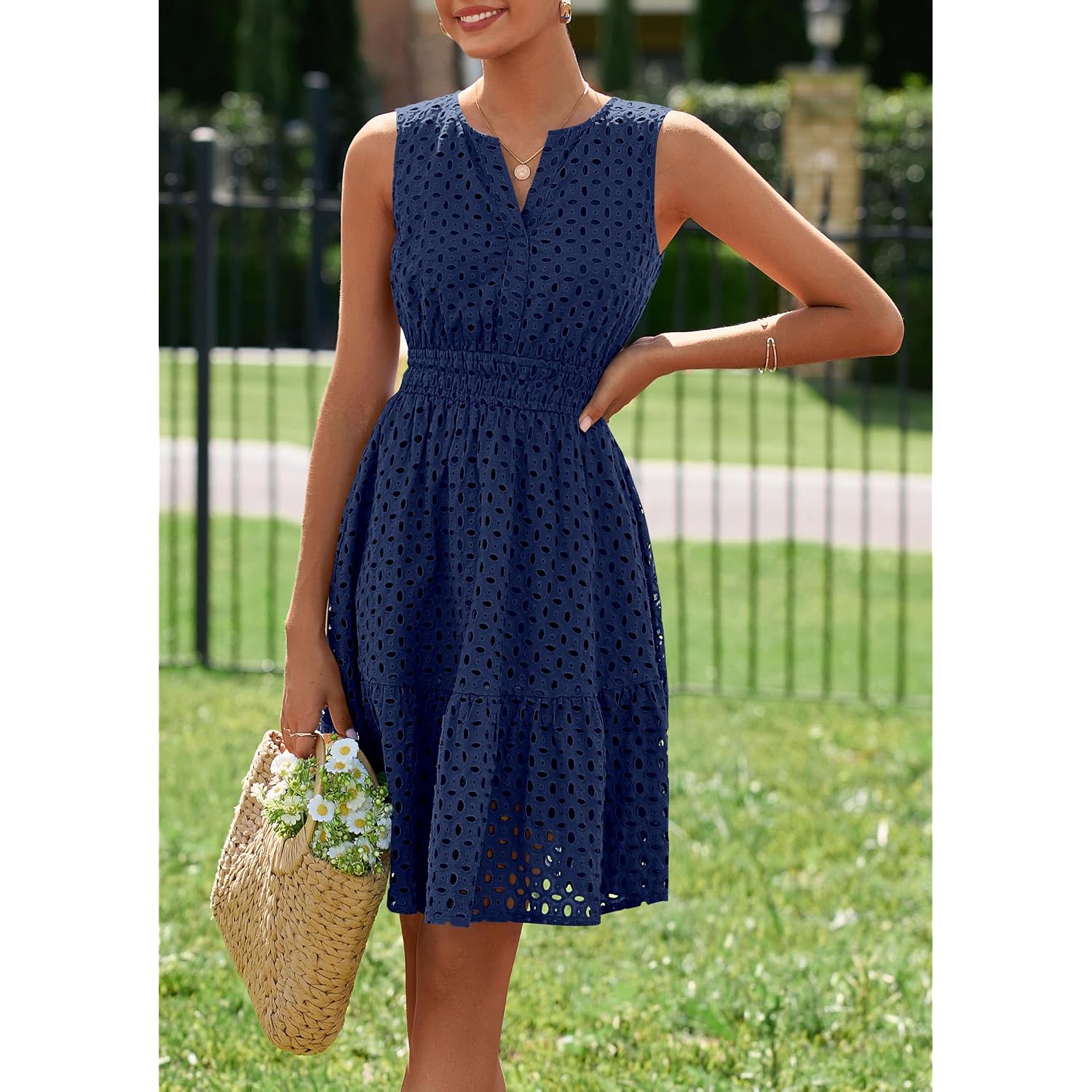 Prettygarden Women'S Summer Dresses 2026 Sleeveless V Neck Eyelet Hollow Out Swing A Line Beach Vacation Sun Dress