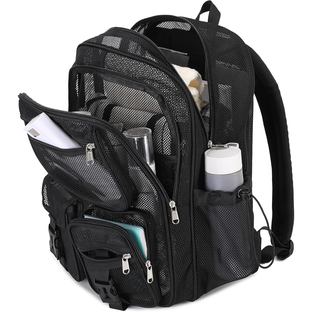 Mesh Backpack For School Heavy Duty See Through Net Bookbag Girls Boys Semi-Transparent Net Back Pack For Beach, Swimming, Sports, Work, Travel (Black)