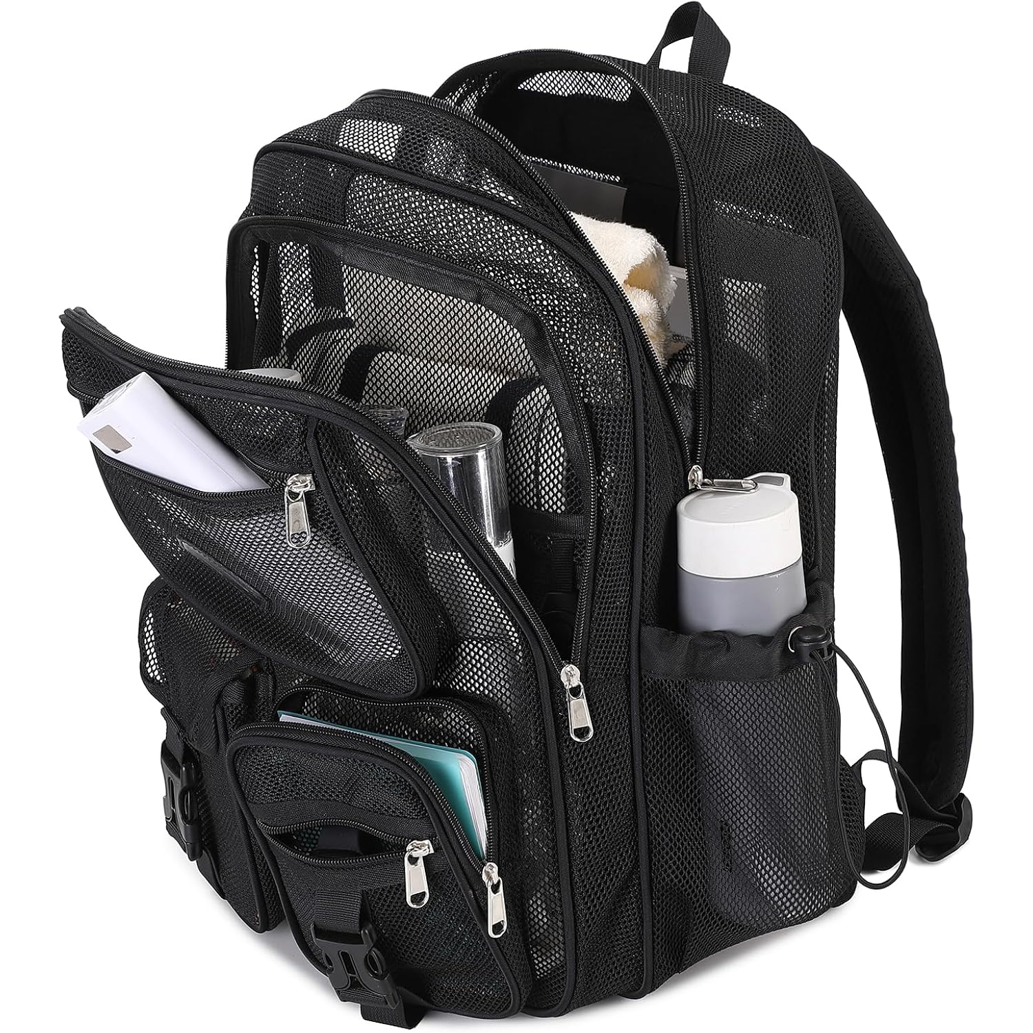 Mesh Backpack For School Heavy Duty See Through Net Bookbag Girls Boys Semi-Transparent Net Back Pack For Beach, Swimming, Sports, Work, Travel (Black)