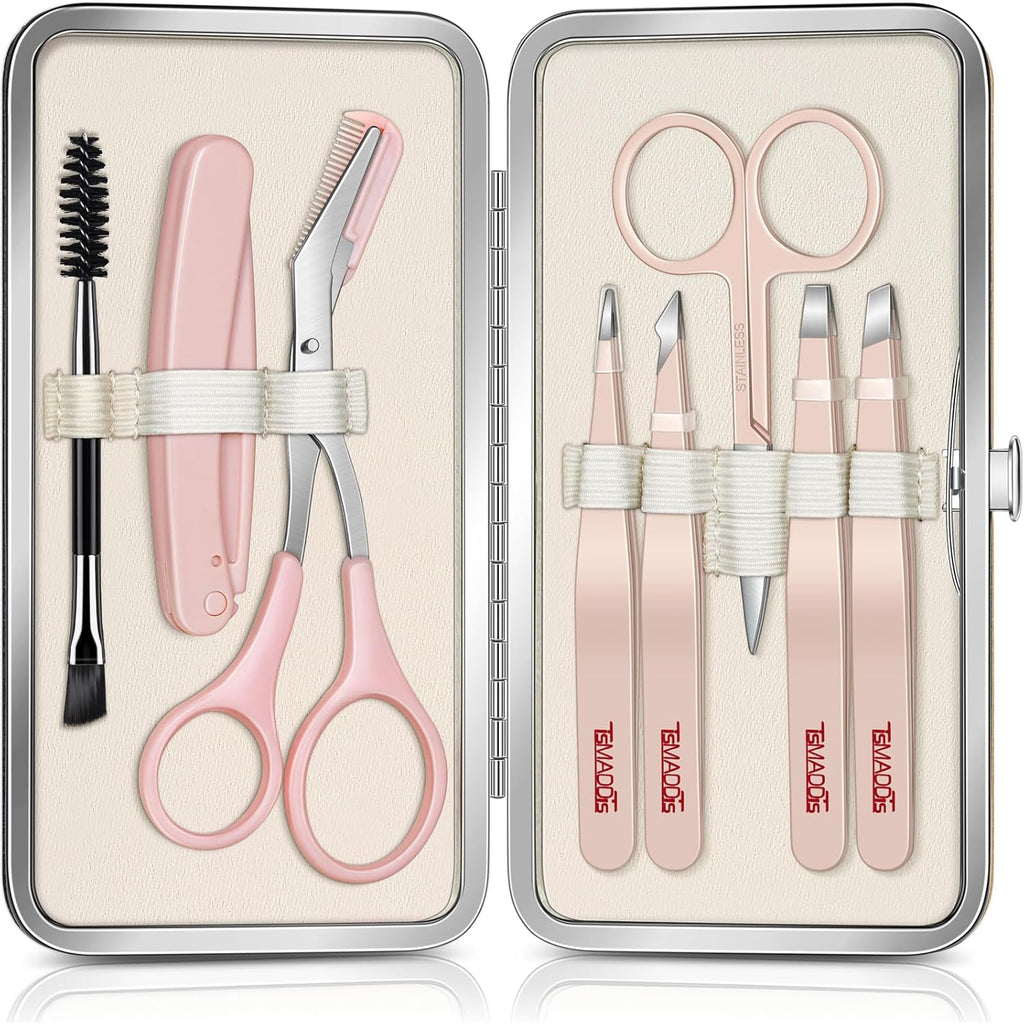 TsMADDTs Tweezers for Women Facial Hair, 8 in 1 Eyebrow Kit with Tweezers, Eyebrow Trimmer Scissors, Razor, Brush with Travel Bag, Hair Plucking Daily Beauty Tools