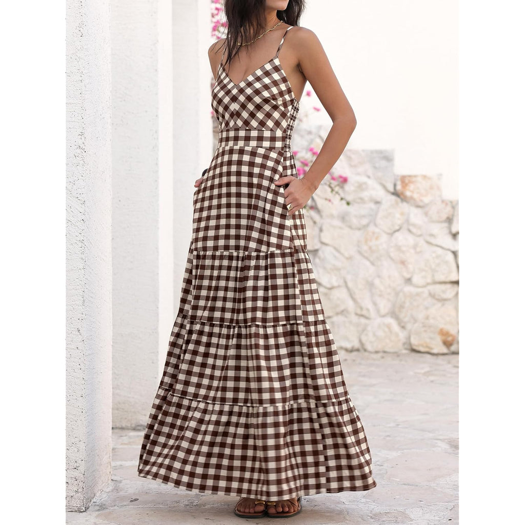 Caracilia Women'S Gingham Striped Smocked Maxi Dress | Spaghetti Strap,Pockets,V Neck A-Line ,Checkered Plaid, Boho Casual,Beach Vacation Resort Cruise Outfits,Summer Fall Clothes