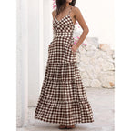 Caracilia Women'S Gingham Striped Smocked Maxi Dress | Spaghetti Strap,Pockets,V Neck A-Line ,Checkered Plaid, Boho Casual,Beach Vacation Resort Cruise Outfits,Summer Fall Clothes