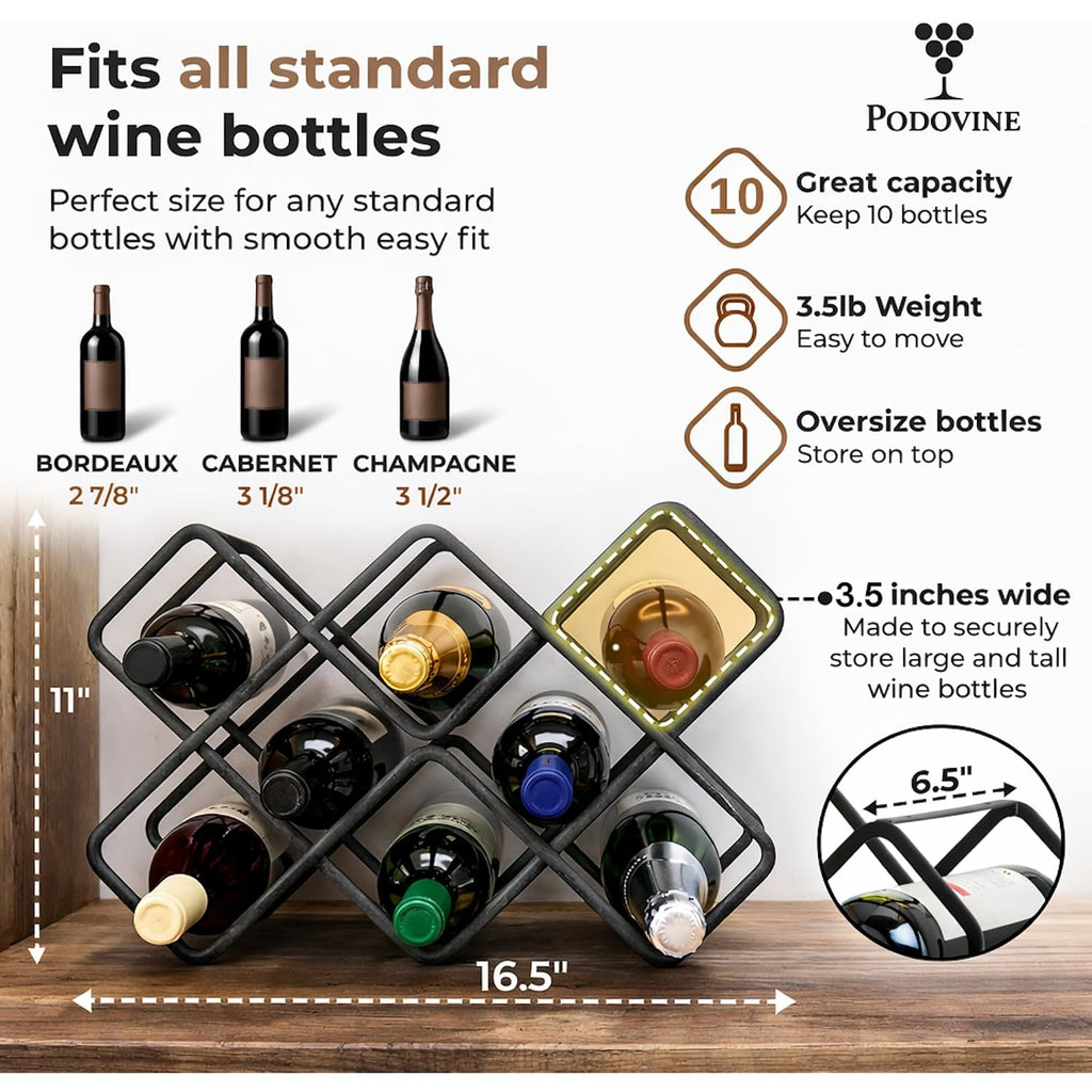 Metal Wine Rack – Matte Black Carbon Steel, 10-Bottle Countertop & Hangable Wine Holder, Modern Geometric Design, Rustproof, Under-Cabinet Display, No Assembly Needed For Countertop Use