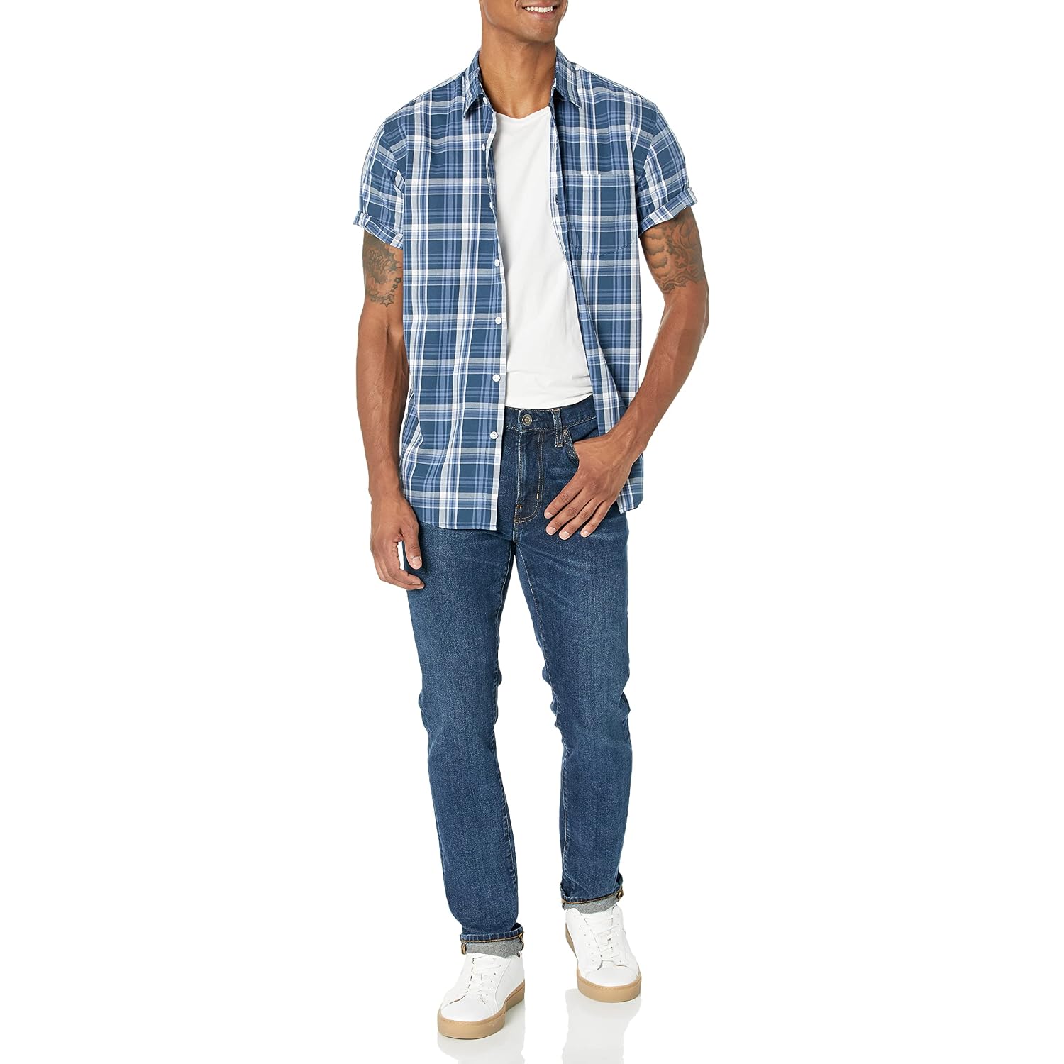 Amazon Essentials Men'S Regular-Fit Short-Sleeve Poplin Shirt, Collared, Washed