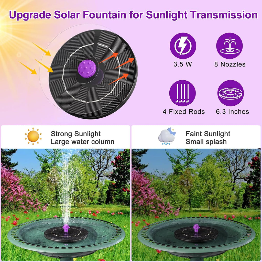 3.5W Solar Bird Bath Fountain Pump, Solar Powered Water Pump, Outdoor Water Fountain With 8-In-1 Nozzles, 4 Fixed Pipes For Hummingbirds, Garden, Pool, Pond