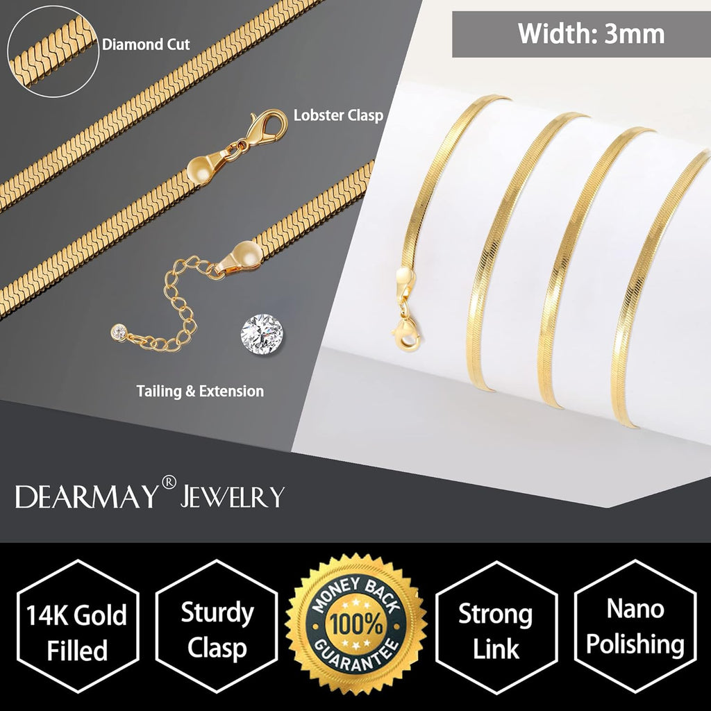 DEARMAY 14K Gold Plated Necklaces for Women, Dainty Gold Herringbone Choker Necklace Thin Layered Snake Chain Jewelry for Gifts