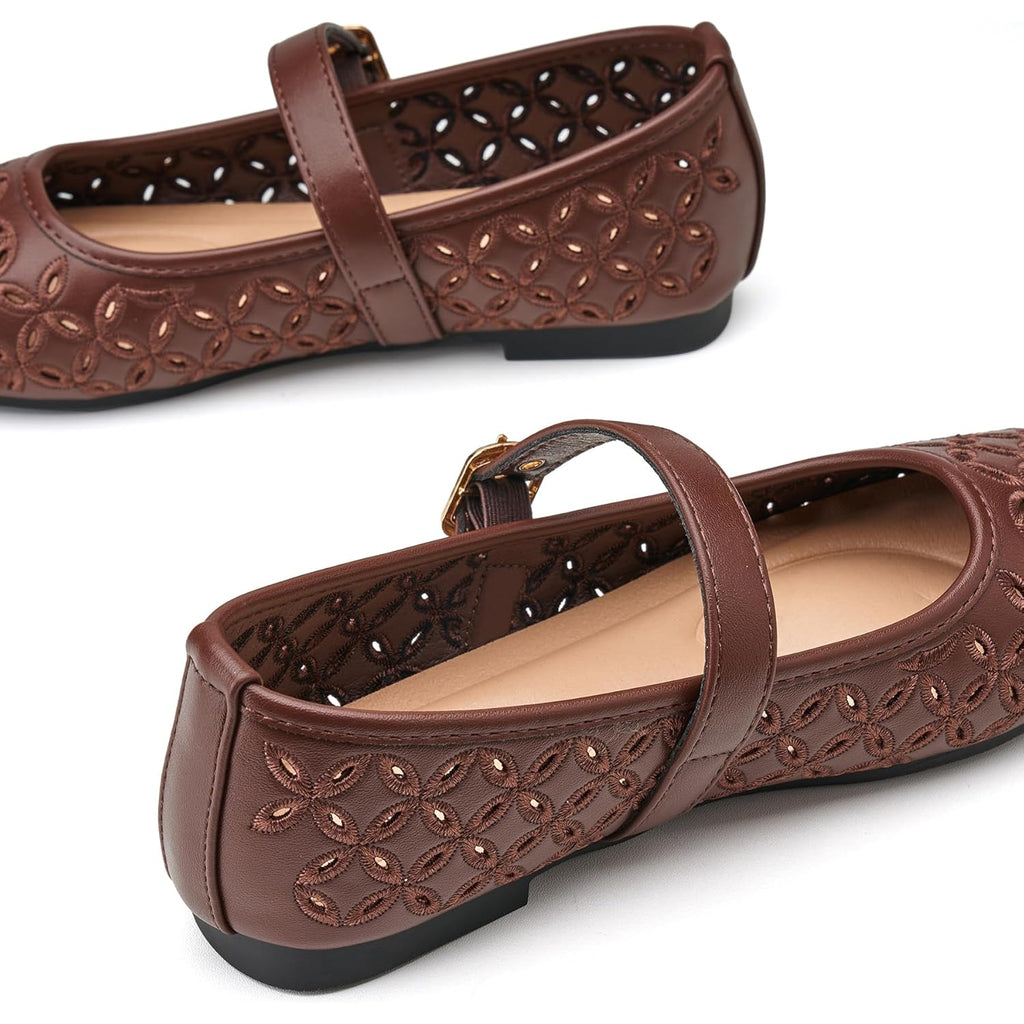 Trary Mary Jane Shoes Women, Hollow Flats for Women, Ballet Flats Shoes Round Toe Mary Jane Flats, Ankle Strap Spring Summer Shoes Dressy Comfortable