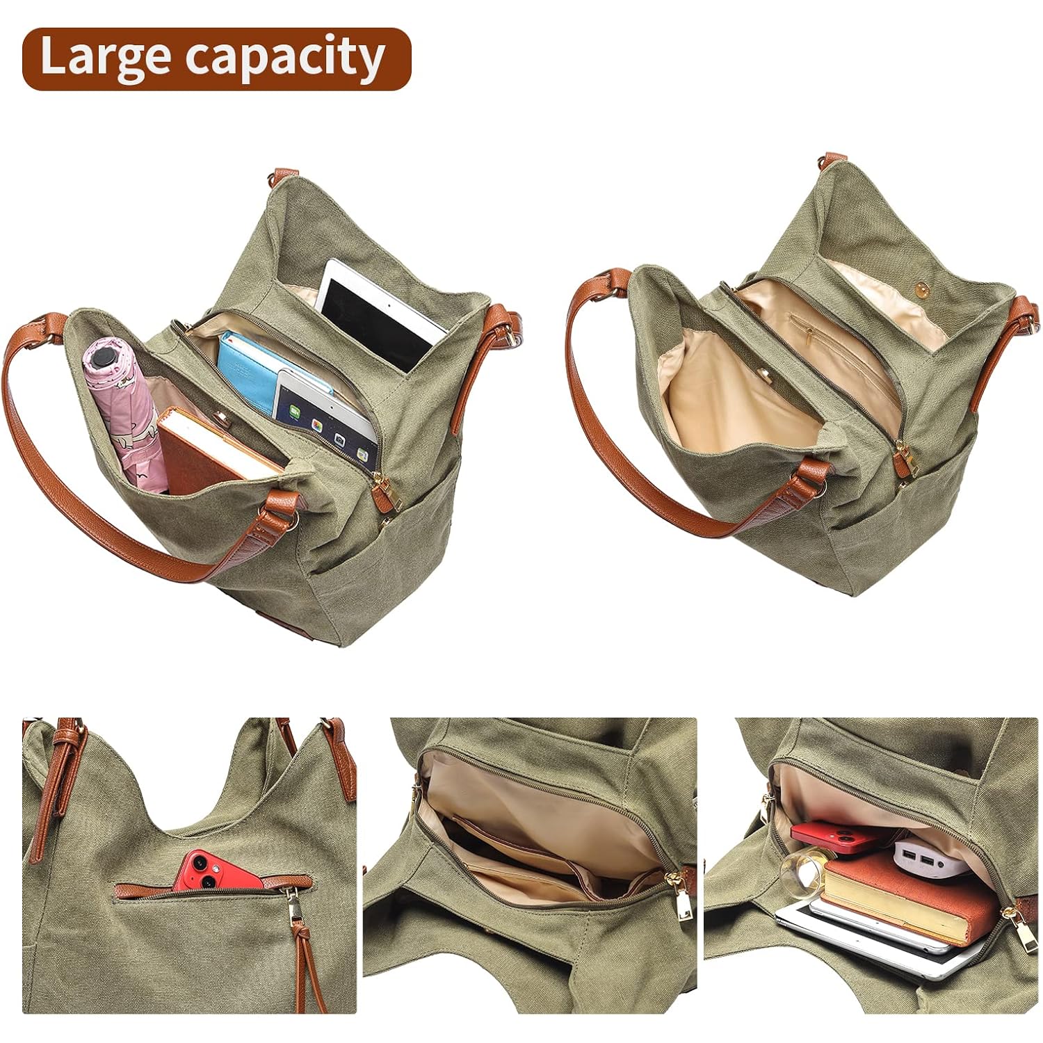 Worldlyda Women Canvas Hobo Purse Multi Pocket Tote Shopper Shoulder Bag Casual Top Handle handbag with Embroidery Ethnic