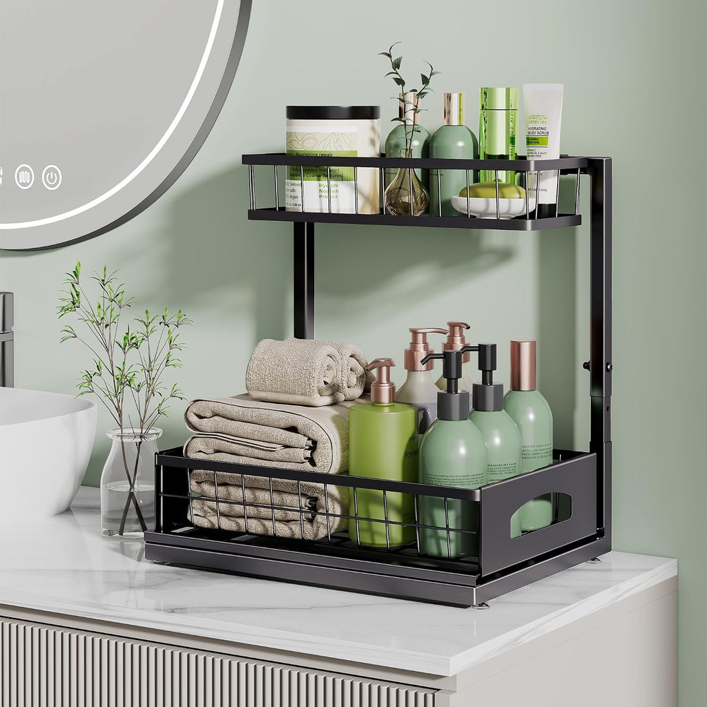 Under Sink Organizer, 2 Pack Cabinet Organizer For Kitchen, Height Adjustable Pull Out Heavy Duty 2 Tier Metal Under Sink Storage For Bathroom Pantry (Black, 2 Pack)