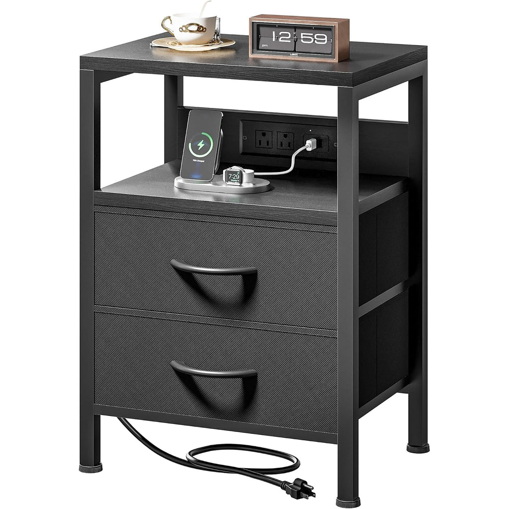Night Stand With Charger Station For Bedroom, Black Nightstand | Bedside Table, Open Shelf, 2 Fabric Drawers, Built In Usb-A, Usb-C Port & Ac Outlets, For Dorm, Living Room, Bedroom