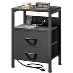 Night Stand With Charger Station For Bedroom, Black Nightstand | Bedside Table, Open Shelf, 2 Fabric Drawers, Built In Usb-A, Usb-C Port & Ac Outlets, For Dorm, Living Room, Bedroom