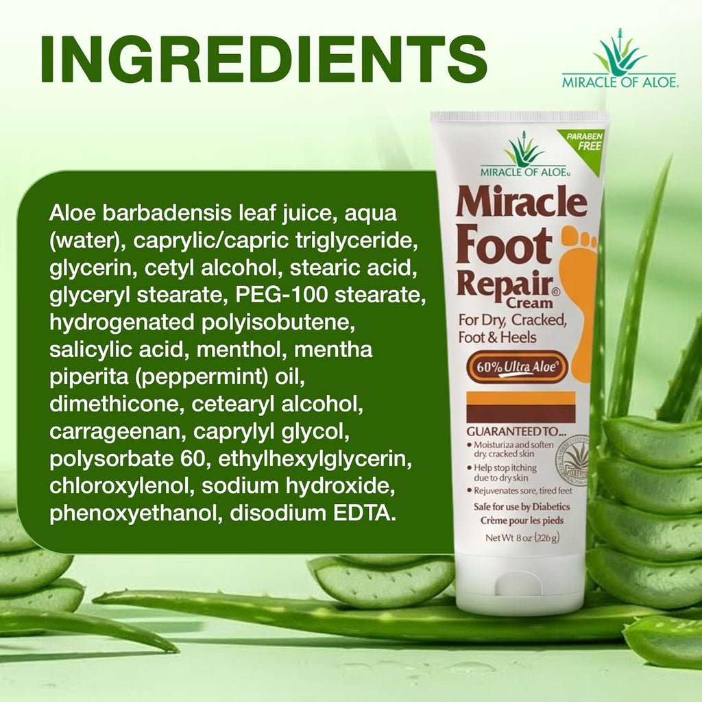 Miracle Foot Repair Cream, 8 oz + 1 oz Miracle Hand Repair, Healing Aloe Vera Lotions for Dry, Cracked Hands and Feet (8 oz Foot Cream + 1 oz Hand Cream)