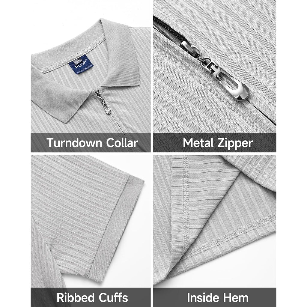 Plop 2 Pack Mens 1/4 Zipper Muscle Polo Shirts Slim Fit Collared Shirt Short Sleeve Ribbed Knit Fitted Casual Athletic Tee