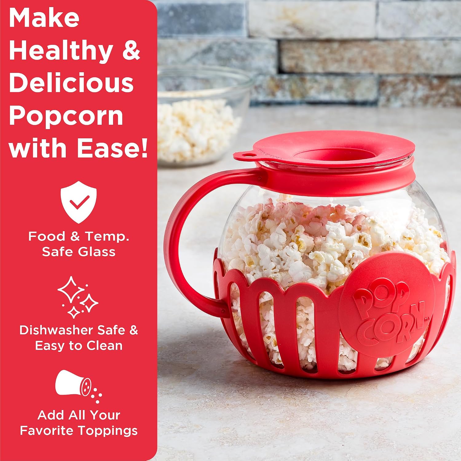 Ecolution Patented Micro-Pop Microwave Popcorn Popper With Temperature Safe Glass, 3-In-1 Lid Measures Kernels And Melts Butter, Made Without Bpa, Dishwasher Safe, 3-Quart, Red
