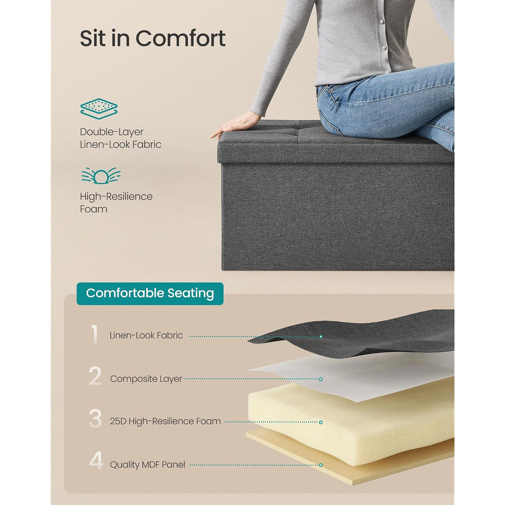 Songmics Mazie Collection - 43 Inches Folding Storage Ottoman Bench, Ottoman Foot Rest, End Of Bed Bench, Storage Chest, Load 660 Lb, For Living Room, Bedroom, Entryway, Dark Gray Ulsf77K