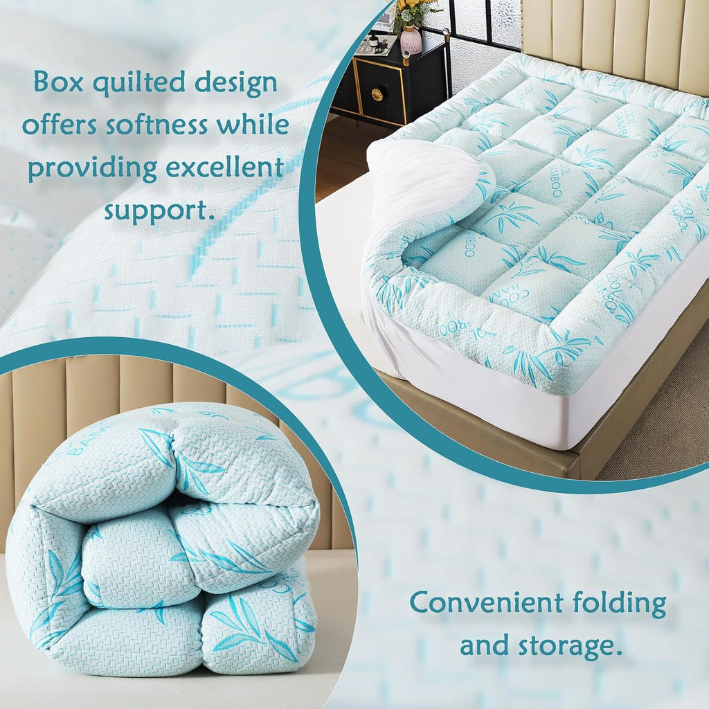 Whatsbedding 5 Inch Queen Mattress Topper Breathable Bamboo Viscose Air Layer,Memory Foam Mattress Topper Queen Size Blue.