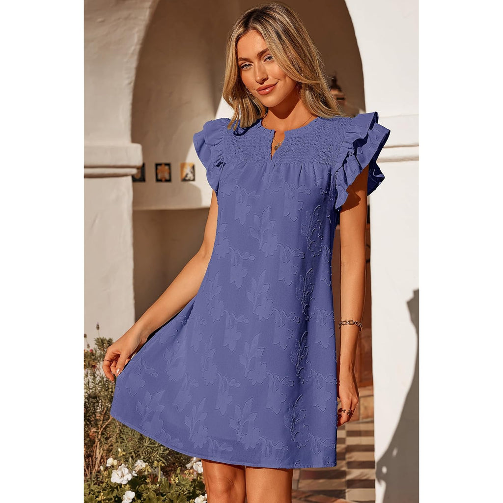 Dokotoo Womens Summer Dresses 2026 Ruffle Short Sleeve Casual V Neck Smocked Floral Burnout Mini Dress Sundress