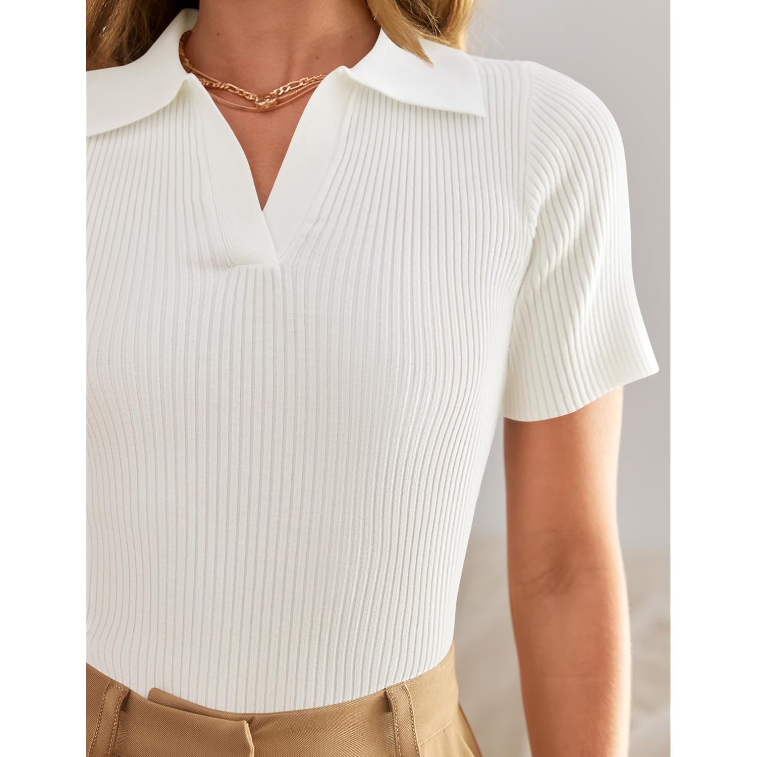 Zesica Women'S Short Sleeve V Neck T Shirts 2026 Summer Ribbed Knit Slim Fitted Basic Solid Color Tee Tops