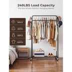 Clothes Rack, Rolling Clothing Rack With Double Rods For Hanging Clothes, Portable Garment Rack With Wheels, Metal Wardrobe Closet Organizer For Bedroom And Laundry Room