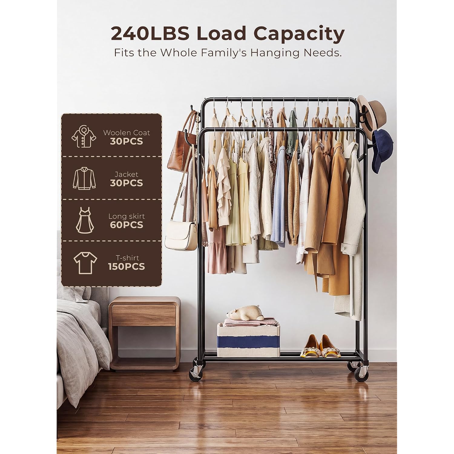 Clothes Rack, Rolling Clothing Rack With Double Rods For Hanging Clothes, Portable Garment Rack With Wheels, Metal Wardrobe Closet Organizer For Bedroom And Laundry Room