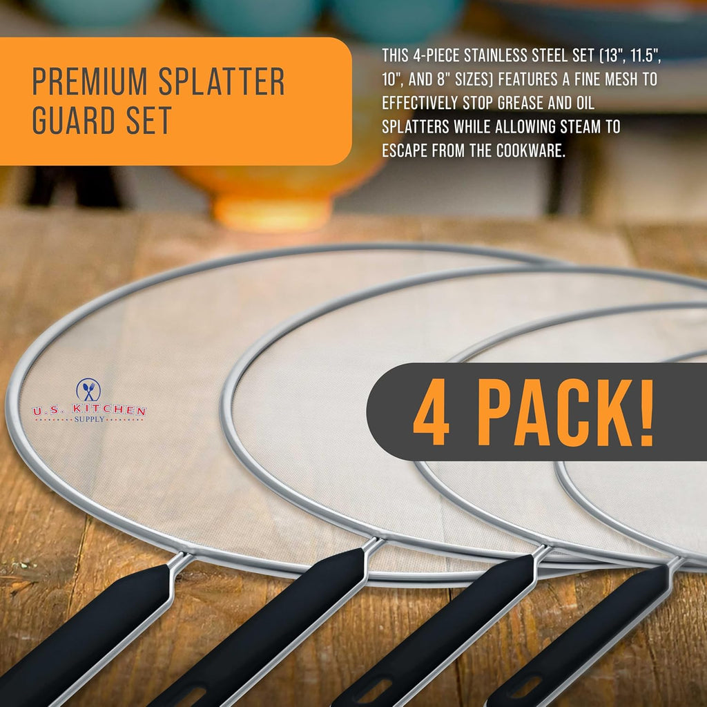 U.S. Kitchen Supply 4-Piece Stainless Steel Splatter Guard Set (13", 11.5", 10",8”) Fine Mesh Cover, Grease & Oil, Splatter Screen For Frying Pan, Cooking Pots, With Comfort Grip Handles