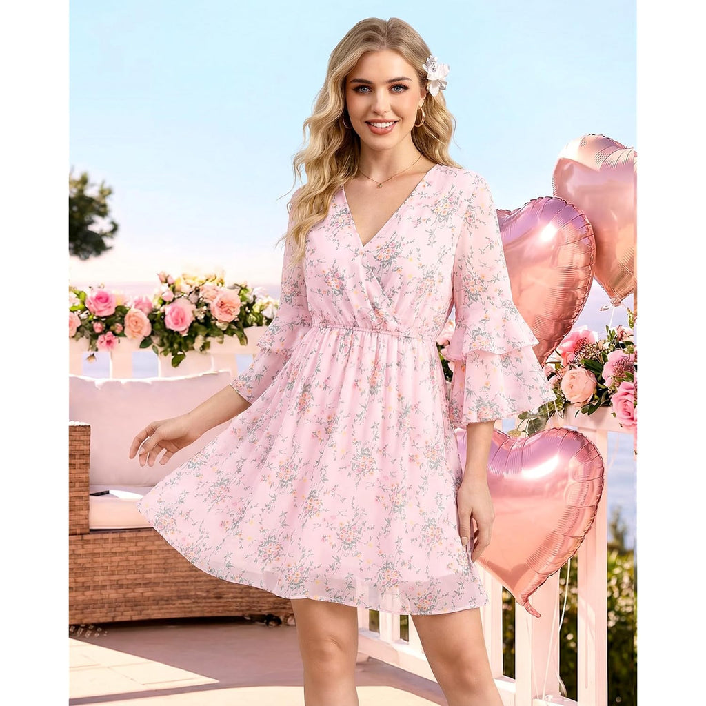 Bebonnie Womens 3/4 Ruffle Sleeve Spring Summer Casual V Neck Flowy Chiffon Layers Dresses