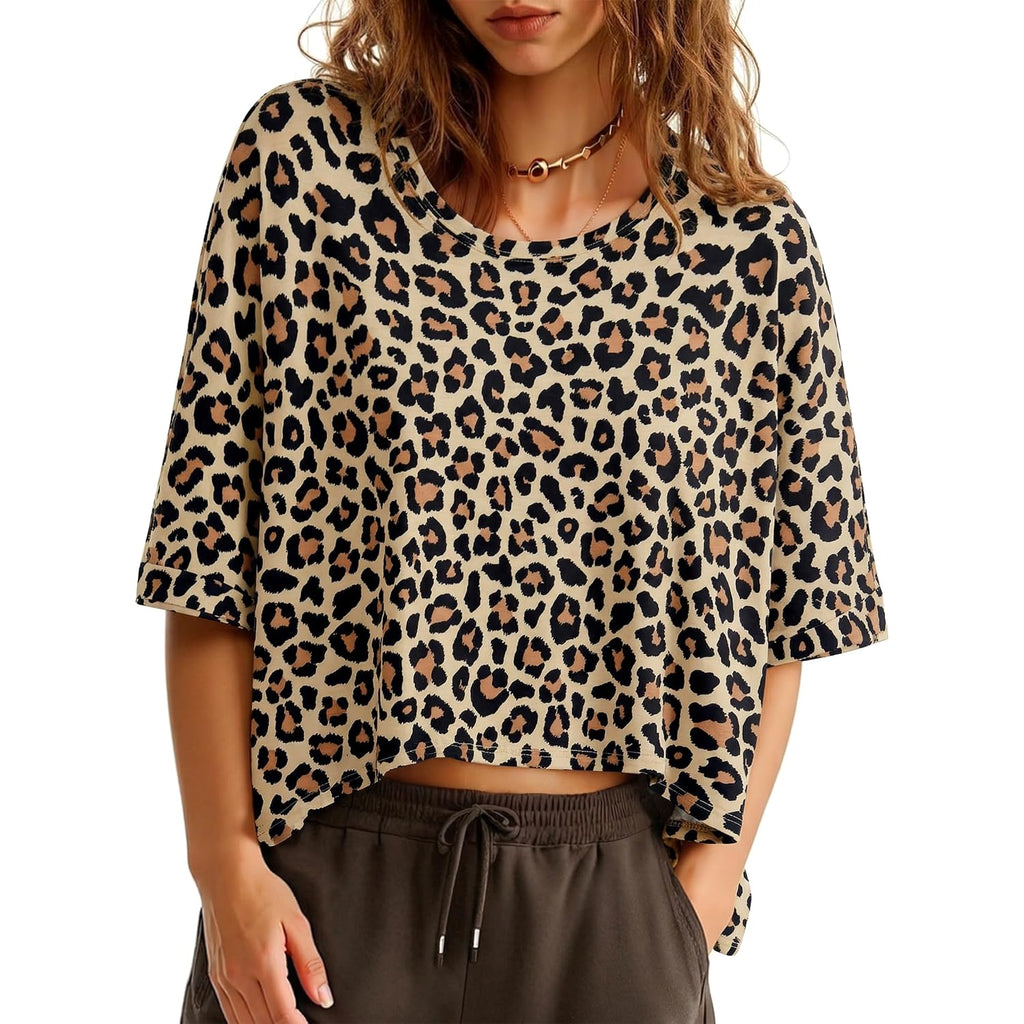 Tankaneo Womens Oversized T-Shirts Cropped Summer Casual Short Sleeve Loose Fit Tee Tops