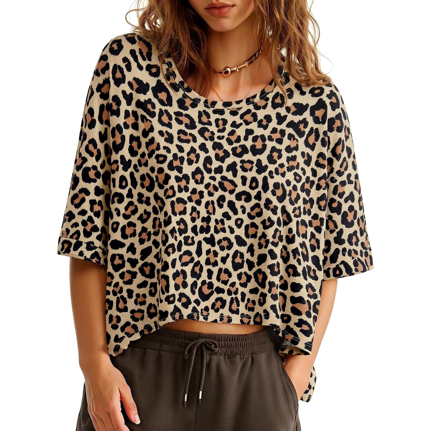 Tankaneo Womens Oversized T-Shirts Cropped Summer Casual Short Sleeve Loose Fit Tee Tops