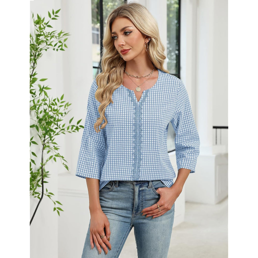 Akewei Womens 3/4 Sleeve Cotton Linen V Neck Lace Tops Casual Loose Fit Summer Fall Boho Fashion Tunic
