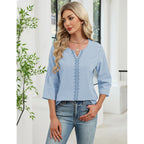 Akewei Womens 3/4 Sleeve Cotton Linen V Neck Lace Tops Casual Loose Fit Summer Fall Boho Fashion Tunic