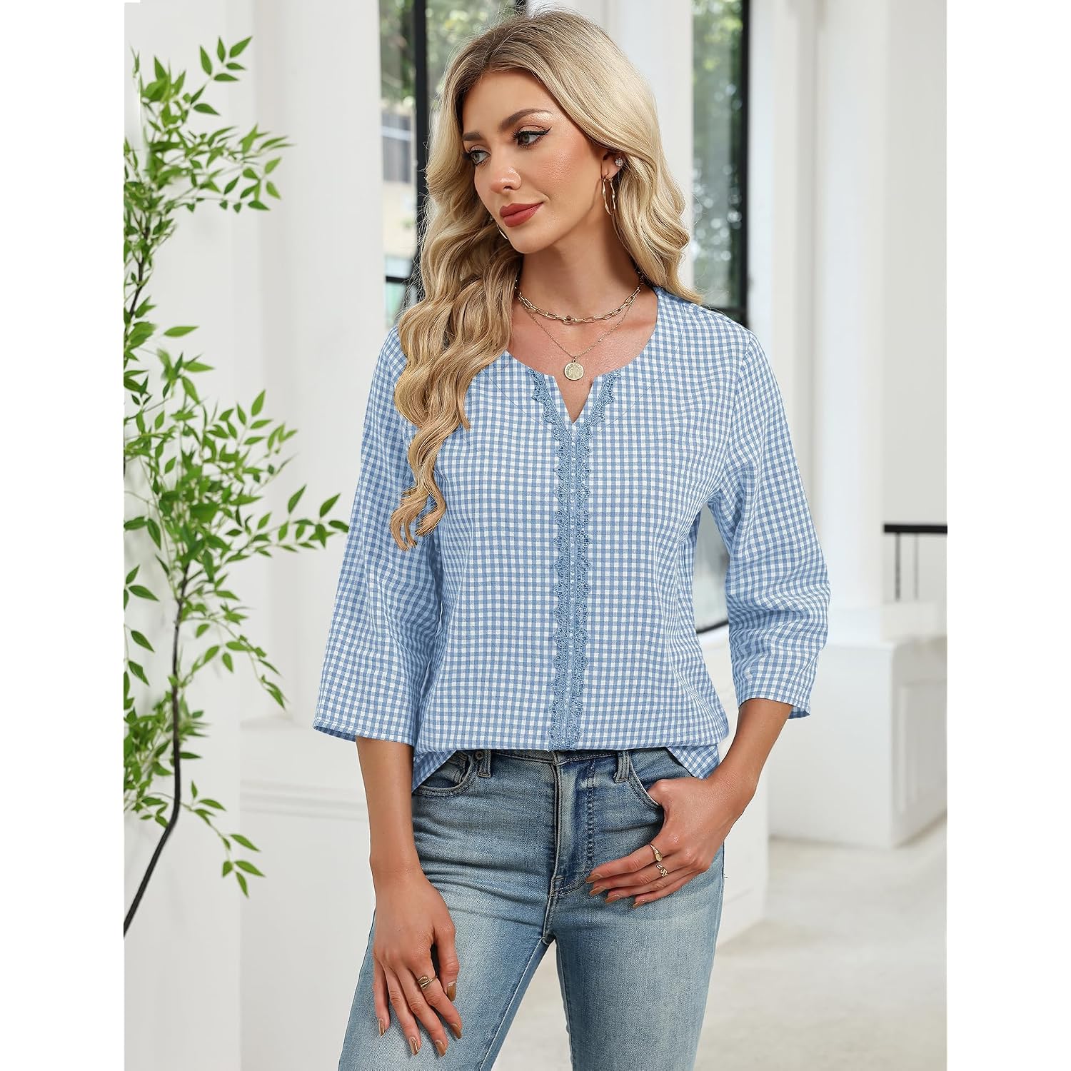 Akewei Womens 3/4 Sleeve Cotton Linen V Neck Lace Tops Casual Loose Fit Summer Fall Boho Fashion Tunic