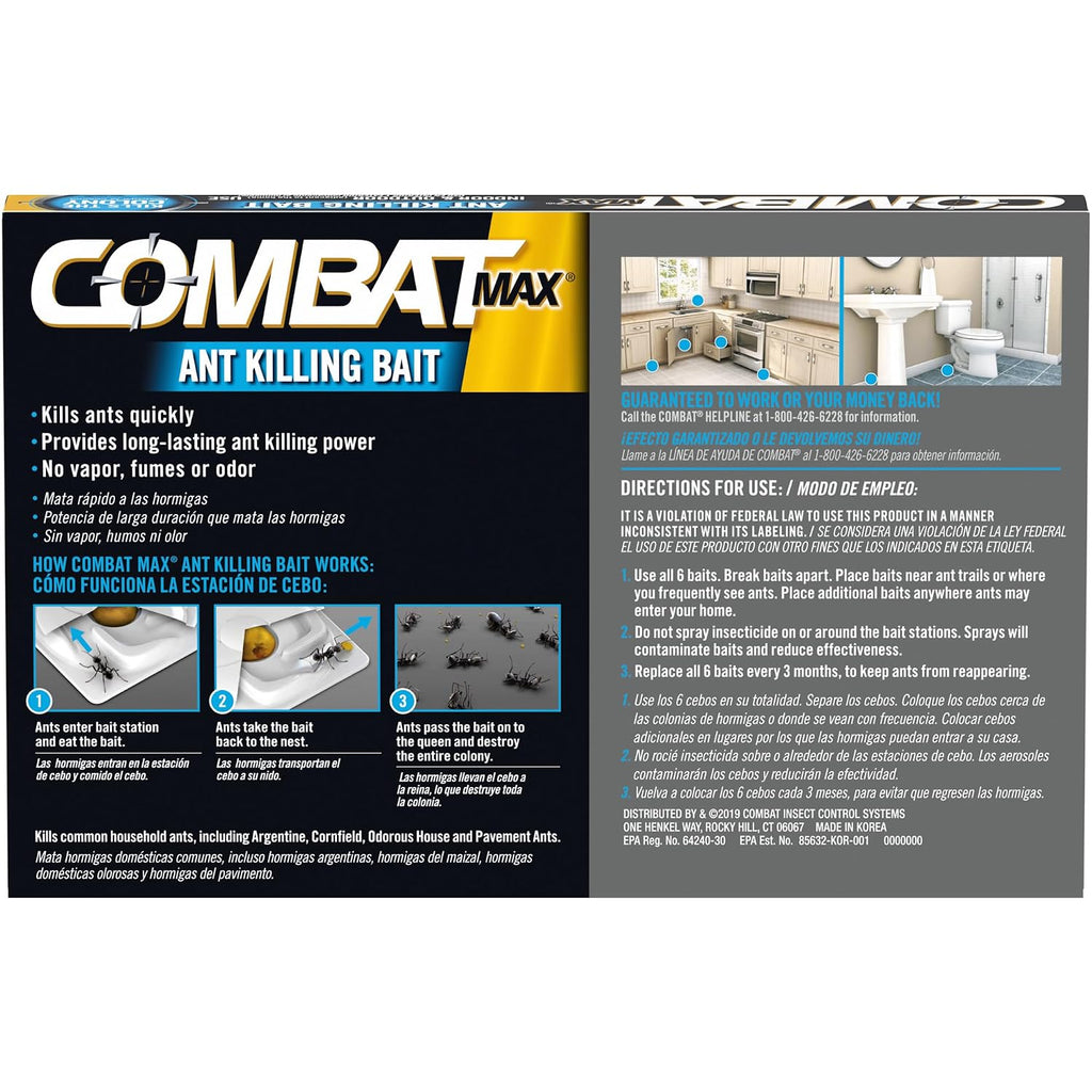 Combat Max Ant Killing Bait Stations, Indoor And Outdoor Use, 6 Count, Child-Resistant, Fast-Acting Fipronil Ant Bait, Targets Queen, Larvae & Entire Colony, No Vapor, Fumes Or Odor, Mess-Free