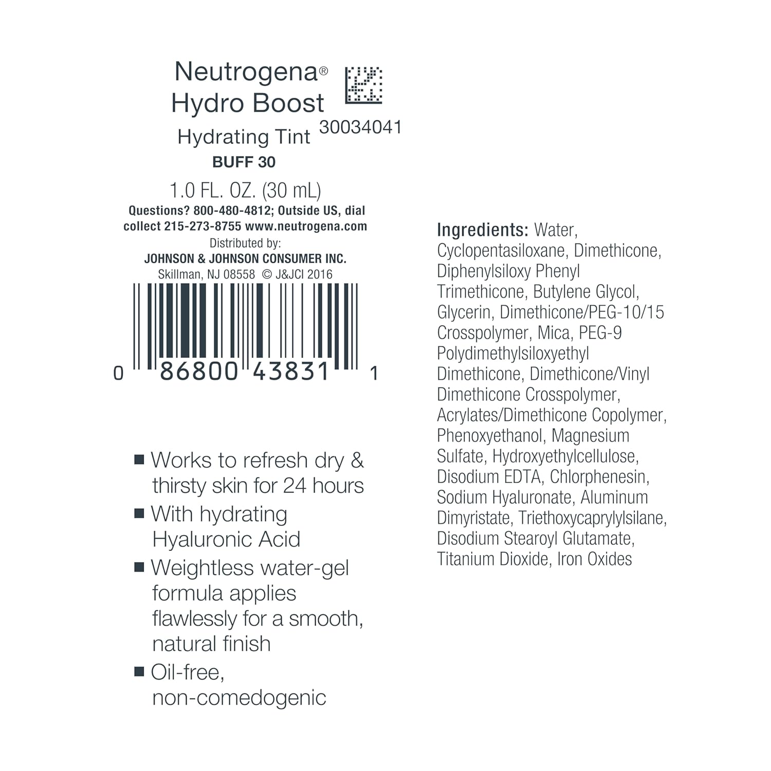 Neutrogena Hydro Boost Hydrating Tint Foundation Makeup for Dry Skin, with Hyaluronic Acid, Lightweight Oil-Free Water Gel, Non-Comedogenic, 30 Buff Color, 1.0 fl. oz