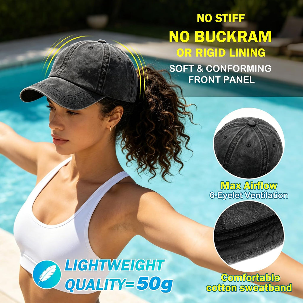 Womens Vintage Washed Distressed Baseball-Cap with Ponytail Hole Sport Golf Hat Black+green+khaki