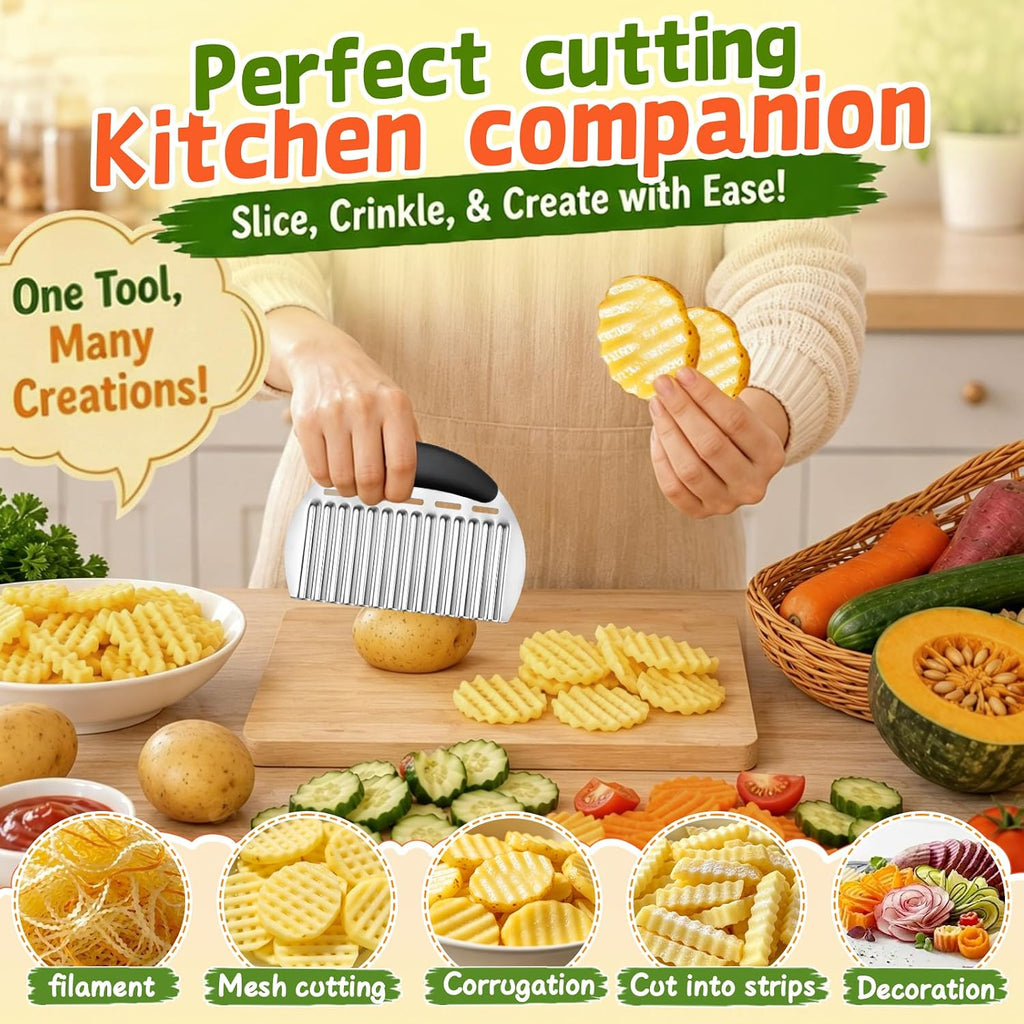 Large Crinkle Cutter French Fry Cutter, Stainless Steel Wavy Slicer | Large Crinkle Potato Slicer Wavy Chopper, Crinkle Cutting Chopping Tools With Handle